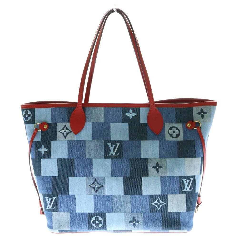 Louis Vuitton Tote Canvas Red Bag Blue Indigo Neverfull Monogram Denim Blue